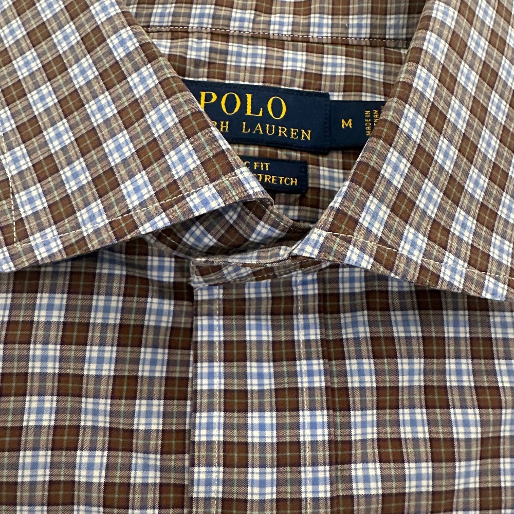 Mens Polo Ralph Lauren Shirt Blue Brown Cotton Stretch Button Down Gingham - M